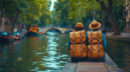 Tourist couple with backpacks sitting on a bridge in Amsterdam, Hollandの素材