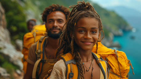 Portrait of two african american friends looking at camera while hiking in mountainsの素材