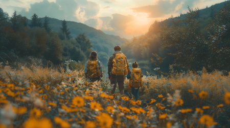 A group of friends with backpacks walking in the field at sunset.の素材