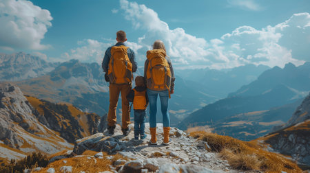 Happy family with two kids hiking in mountains. Travel and active lifestyle concept.の素材