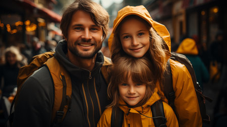 Portrait of happy family with two kids in yellow raincoats.の素材