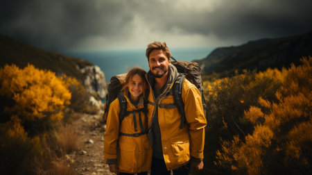 Happy couple hiking in the mountains. Man and woman with backpacks walking on the trail.の素材