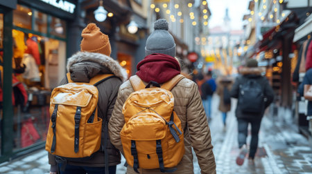 Back view of two young men with backpacks walking in the cityの素材