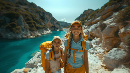 Mother and son hiking in the mountains. Happy family traveling in Turkey.の素材