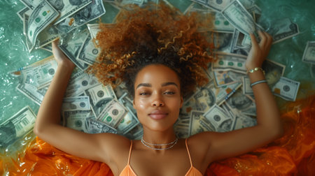 Beautiful young african american woman with afro hairstyle in orange bikini lying on a pile of moneyの素材