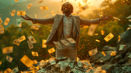 Happy african american businessman with dollar money flying in the airの素材