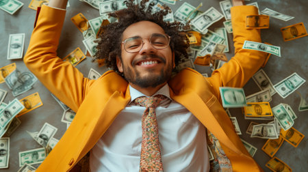 high angle view of cheerful african american businessman in yellow suit lying on moneyの素材