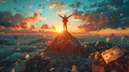 Successful businessman standing on top of a mountain. 3D renderingの素材