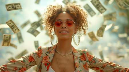 Beautiful african american young woman with curly hair in stylish sunglasses and blouse on the background of falling dollars.の素材