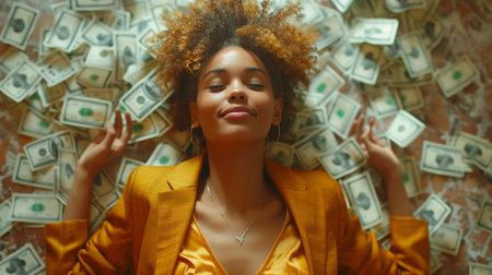 Fashionable african american woman in yellow jacket with moneyの素材