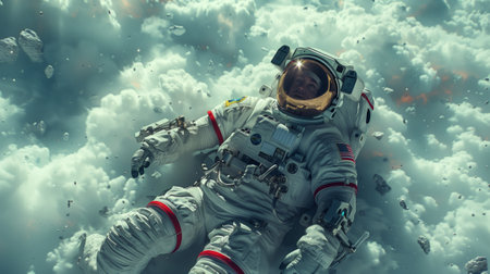 Astronaut in outer space. Mixed media. Mixed media. Mixed mediaの素材