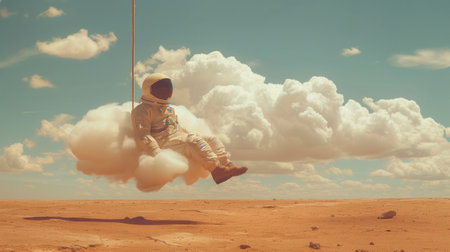 Astronaut flying in the desert. 3d rendering toned imageの素材