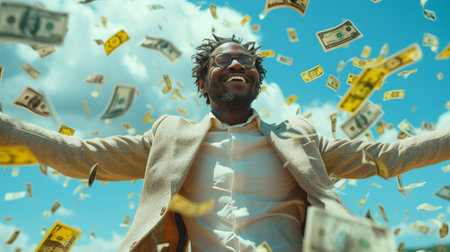 Happy african american man with money flying in the air against blue sky