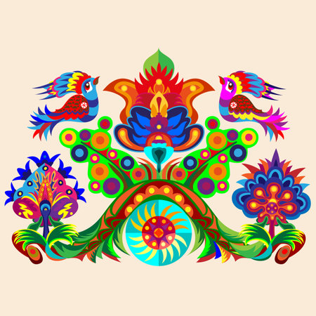 Birds on the tree of life. Drawing in the style of the Ukrainian folk Samchikov pattern.のイラスト素材