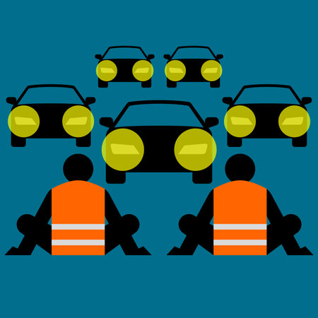 German climate protesters tape themselves to the street. Vector illustration in flat styleのイラスト素材