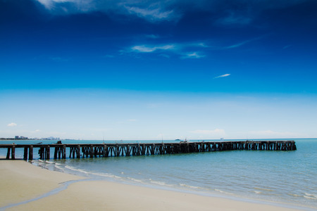 blur Beautiful sea blue sky jetty with soft focus. Feeling happy
