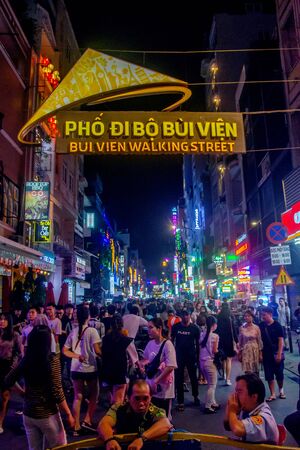 Ho Chi Minh City, Vietnam - november 16 2018: night street view of Pham Ngu Lao street, the backpacker district of Saigon.のeditorial素材