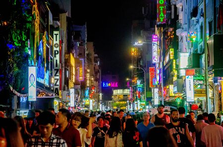 Ho Chi Minh City, Vietnam - november 16 2018: night street view of Pham Ngu Lao street, the backpacker district of Saigon.のeditorial素材