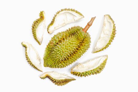 Fresh cut durian on a white background, have durian peel surrounding, king of fruit from Thailandの写真素材