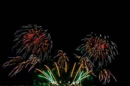 colorful fireworks,Beautiful multi color fireworks explosions lighting sky over trees silhouette and...