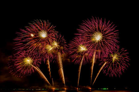 colorful fireworks,Beautiful multi color fireworks explosions lighting sky over trees silhouette and over an illuminated,celebration conceptの写真素材