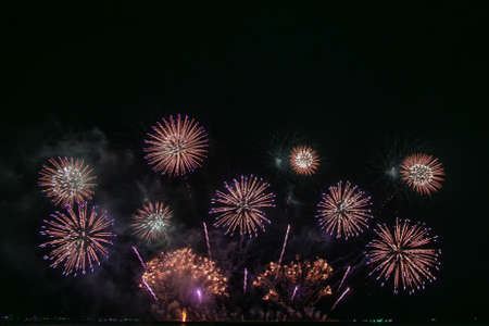 Beautiful multi color fireworks explosions lighting sky over trees silhouette and over an illuminated,colorful fireworks celebration conceptの写真素材