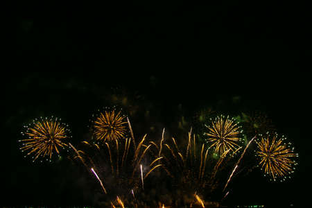 Beautiful multi color fireworks explosions lighting sky over trees silhouette and over an illuminated,colorful fireworks celebration conceptの写真素材