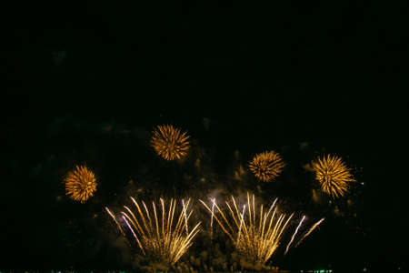 Beautiful multi color fireworks explosions lighting sky over trees silhouette and over an illuminated,colorful fireworks celebration conceptの写真素材