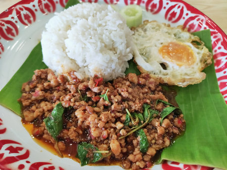 Close up A Thai dish of Basil Fried Rice ,Thai food (Pad Kaprao Moo Kai Dao),の写真素材
