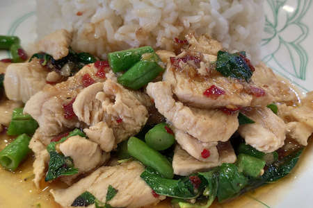 Close up A Thai dish of chicken fried rice presented.の写真素材