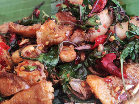 Close up Rice topped with stir-fried pork and basil.Thai street food.Stir fried basil.の写真素材