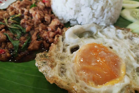 Close up Rice topped with stir-fried pork and basil.Thai street food.Stir fried basil.の写真素材
