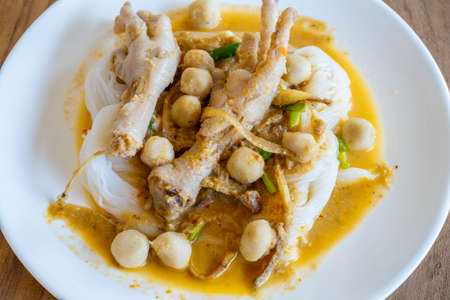 "Kanom Jeen" Thai rice vermicelli noodle with soup coconut milk curry paste - Thai traditional menuの写真素材