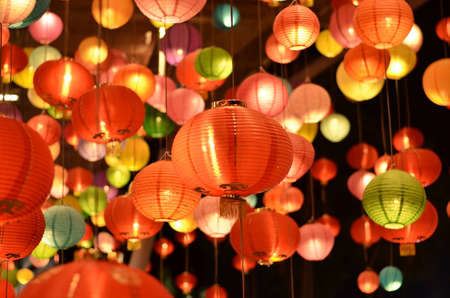 Chinese lanterns during new year festival,Chinese new year lanterns in chinatown, firecracker celebration,for backgroundの写真素材