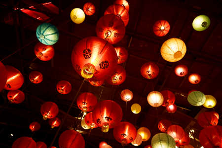 Chinese lanterns during new year festival,Chinese new year lanterns in chinatown, firecracker celebration,for backgroundの写真素材