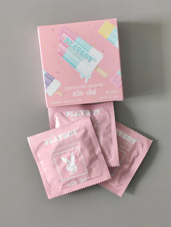Pattaya,Thailand - September 09, 2022:A box of PLAYBOY Condom size 52 mm. PLAYBOY brands of condoms,Playboy Condom Sweet Love collection.の写真素材