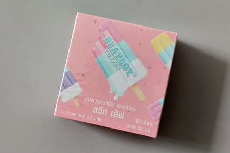 Pattaya,Thailand - September 09, 2022:A box of PLAYBOY Condom size 52 mm. PLAYBOY brands of condoms,Playboy Condom Sweet Love collection.の写真素材