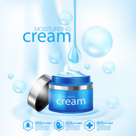 Moisturizing Cream cosmetic products ad, light blue bokeh background with beautiful containers vector illustrationのイラスト素材