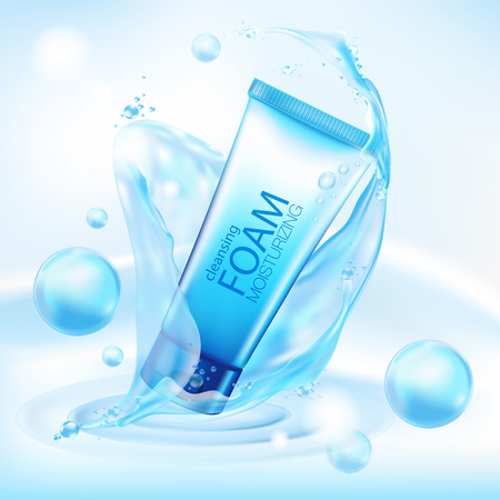Moisturizing Foam cosmetic products ad, light blue bokeh background with beautiful containers vector illustrationのイラスト素材