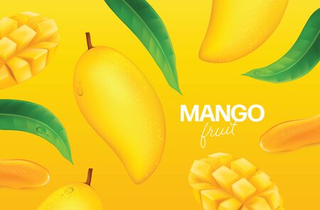 Fresh mango with slices and leaves Vector illustrationのイラスト素材