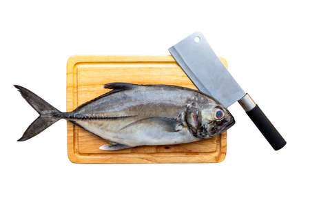 Fresh Raw  Giant Trevally Fish on Cutting Board Flat Layの写真素材