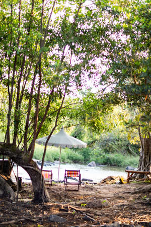 The seat in the middle of the forest is calm and cool.の写真素材