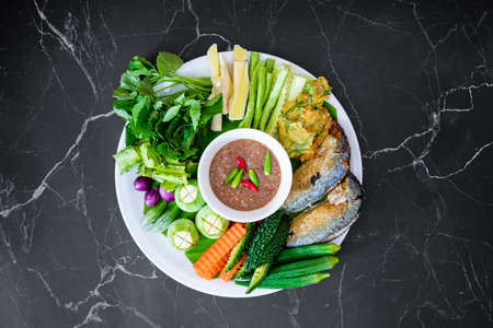 Shrimp Paste Chili Paste with vegetable set. Thai food concept