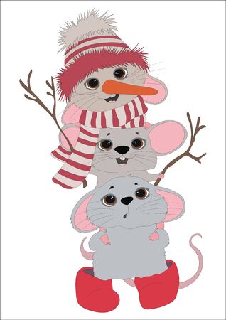 Funny mice depict a snowman. New Year's mouse. Symbol of the year 2020. Year of the rat.のイラスト素材