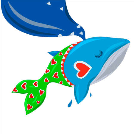 Blue whale with a heart on its cheek and clothes with a pattern. Whale marine life. Whale thinking mwsli about dreamingのイラスト素材