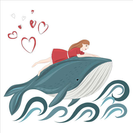 A cute girl rides a magic blue whale. Sweet Dreams. Vector illustrationのイラスト素材