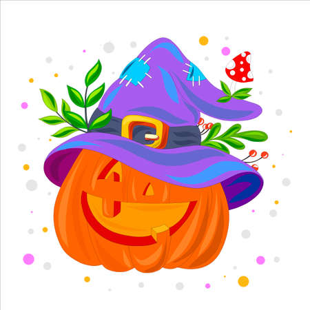 Cheerful pumpkin in a witch's cap with berries and mushrooms for Halloween. Vector illustration.のイラスト素材