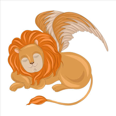 Sleeping lion with wings. Mystical animal lion with legendary wings. Vector illustrationのイラスト素材