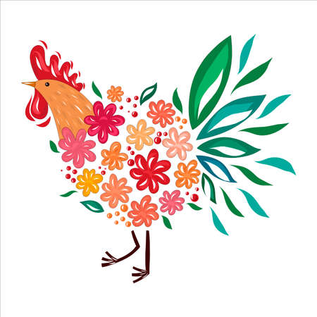 Rooster among flowers and berries. Vector illustration. Rooster with flowers instead of a body on a white backgroundのイラスト素材