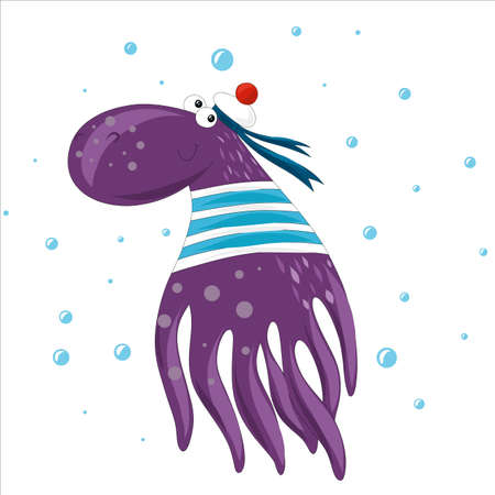 Cheerful octopus in a marine peakless cap isolated on a white background. Vector illustrationのイラスト素材